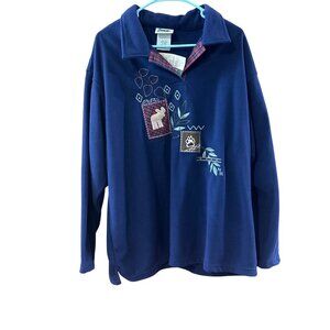 Northern Reflections Womens XL Blue Fleece Pullover With Moose & Paw Embroidery